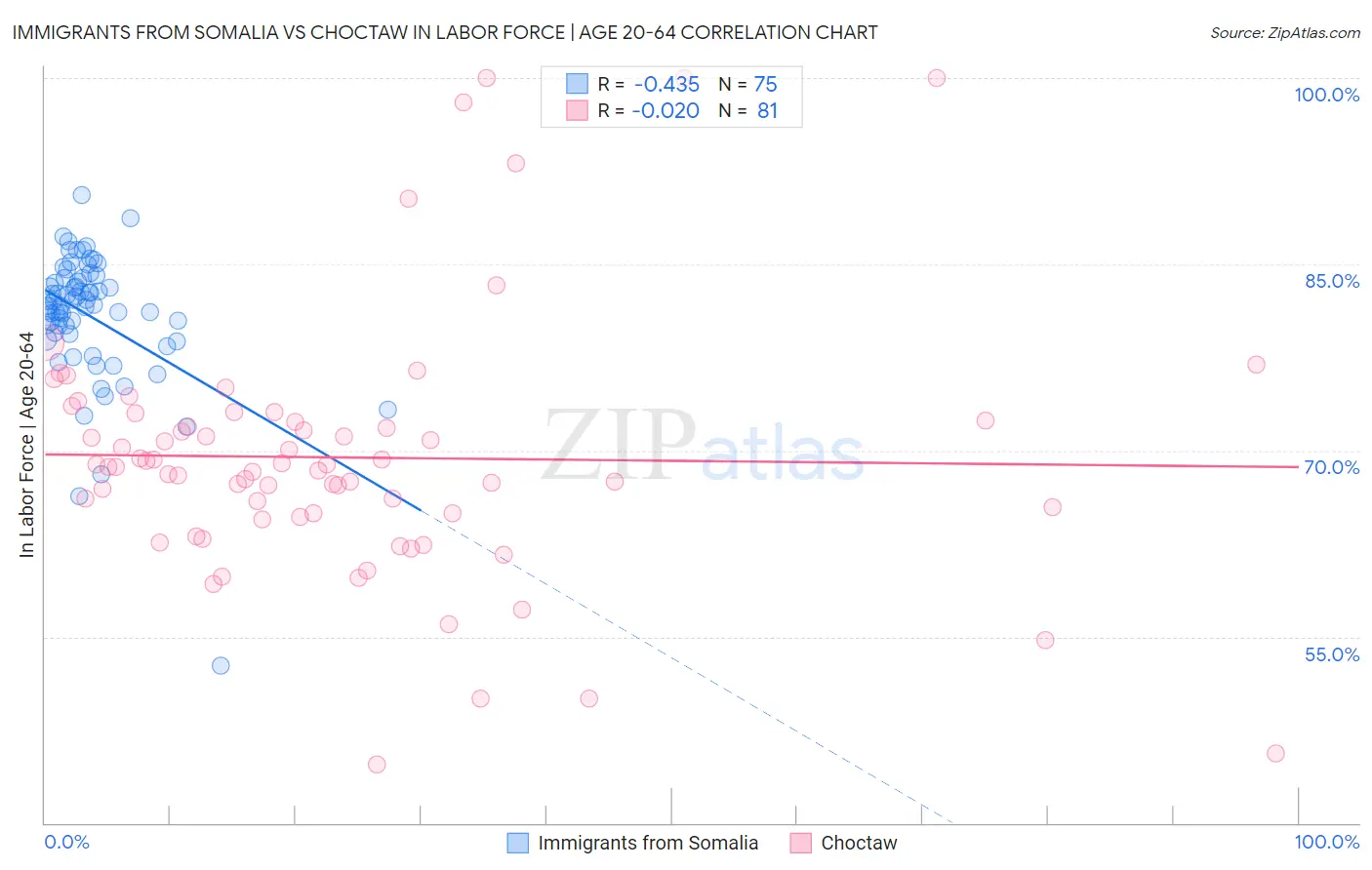 Immigrants from Somalia vs Choctaw In Labor Force | Age 20-64