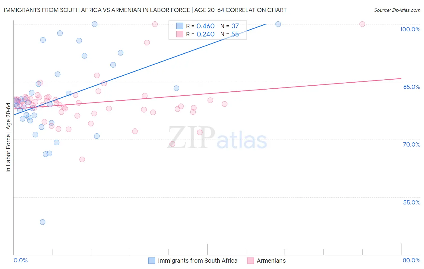 Immigrants from South Africa vs Armenian In Labor Force | Age 20-64