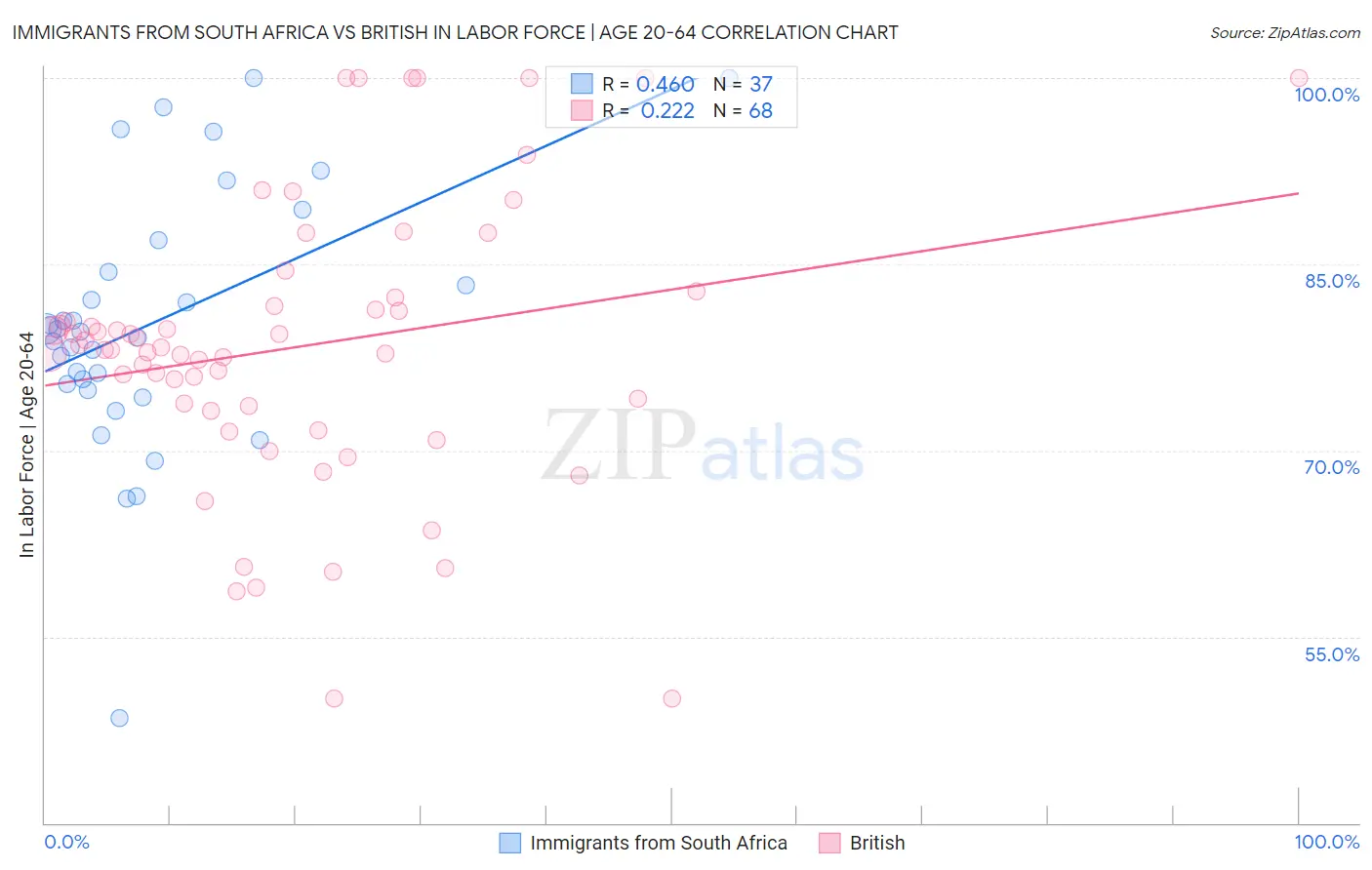 Immigrants from South Africa vs British In Labor Force | Age 20-64