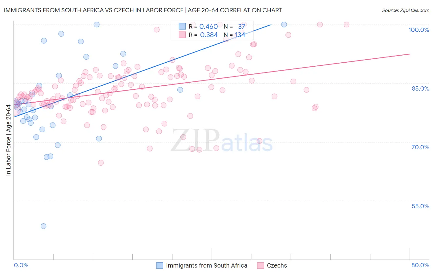 Immigrants from South Africa vs Czech In Labor Force | Age 20-64