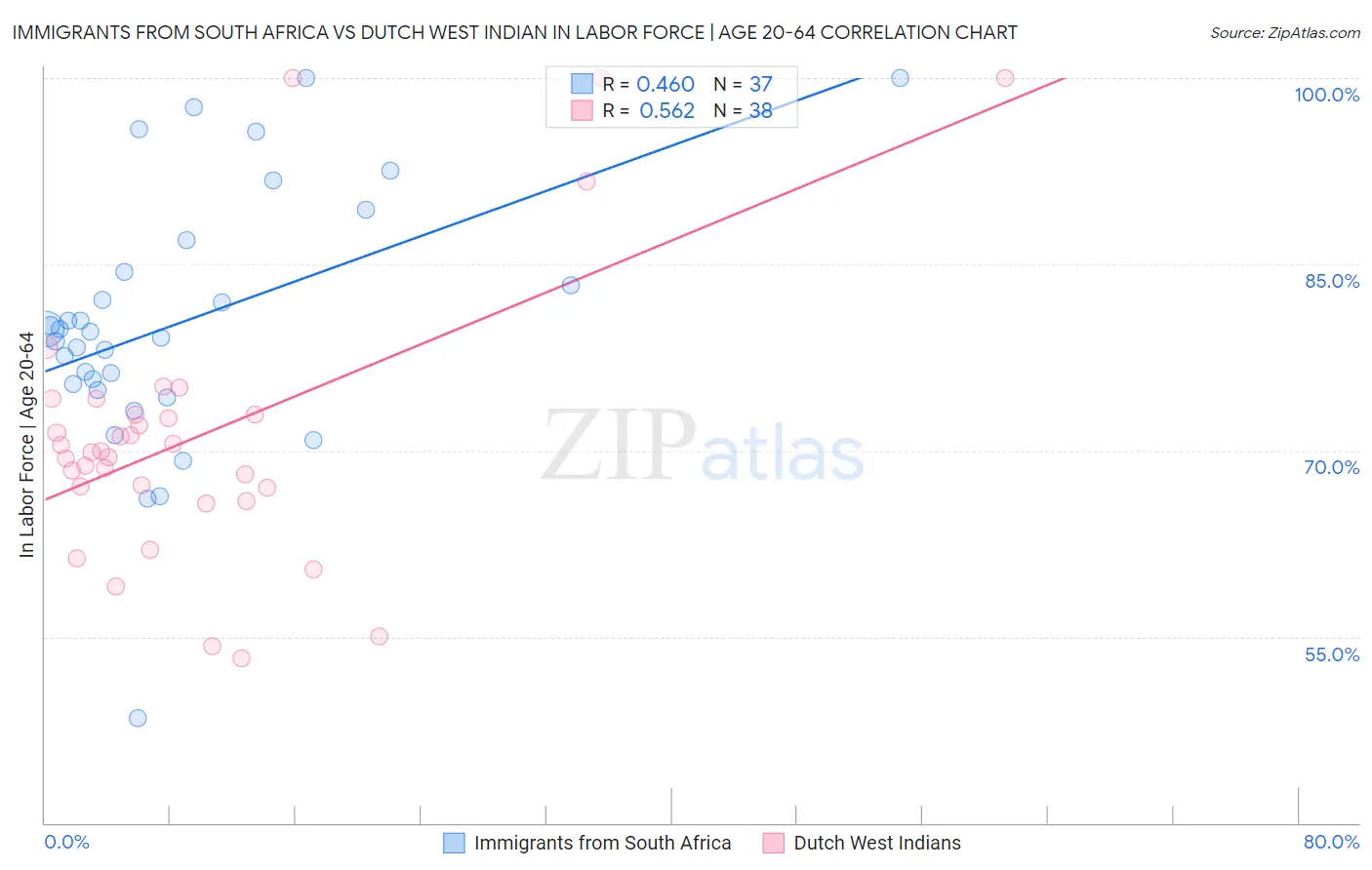 Immigrants from South Africa vs Dutch West Indian In Labor Force | Age 20-64