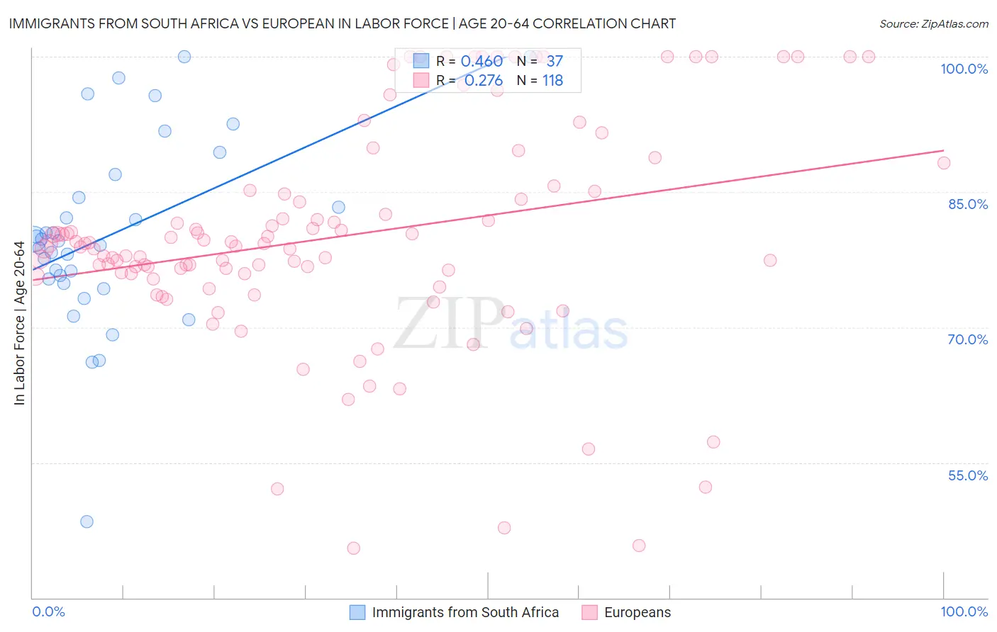 Immigrants from South Africa vs European In Labor Force | Age 20-64