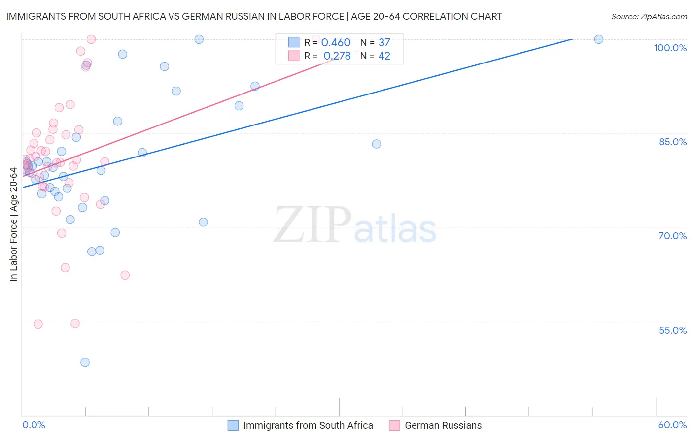 Immigrants from South Africa vs German Russian In Labor Force | Age 20-64