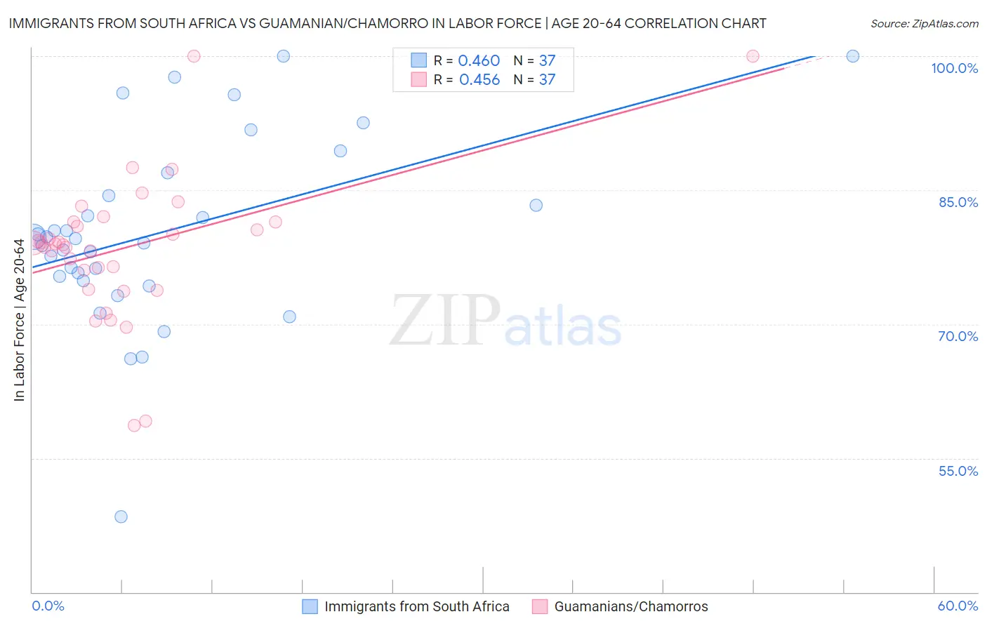 Immigrants from South Africa vs Guamanian/Chamorro In Labor Force | Age 20-64
