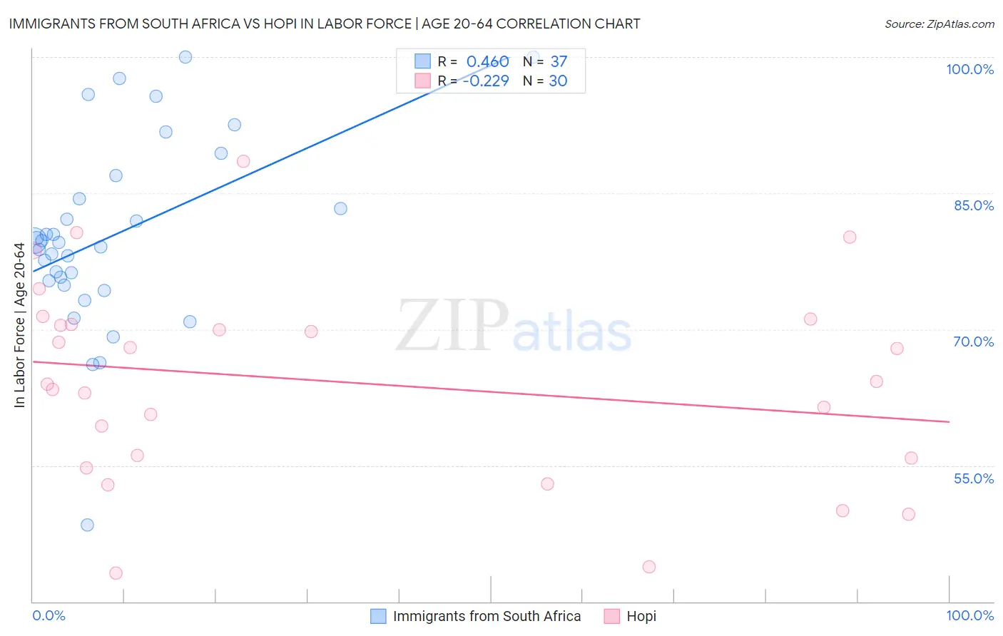 Immigrants from South Africa vs Hopi In Labor Force | Age 20-64