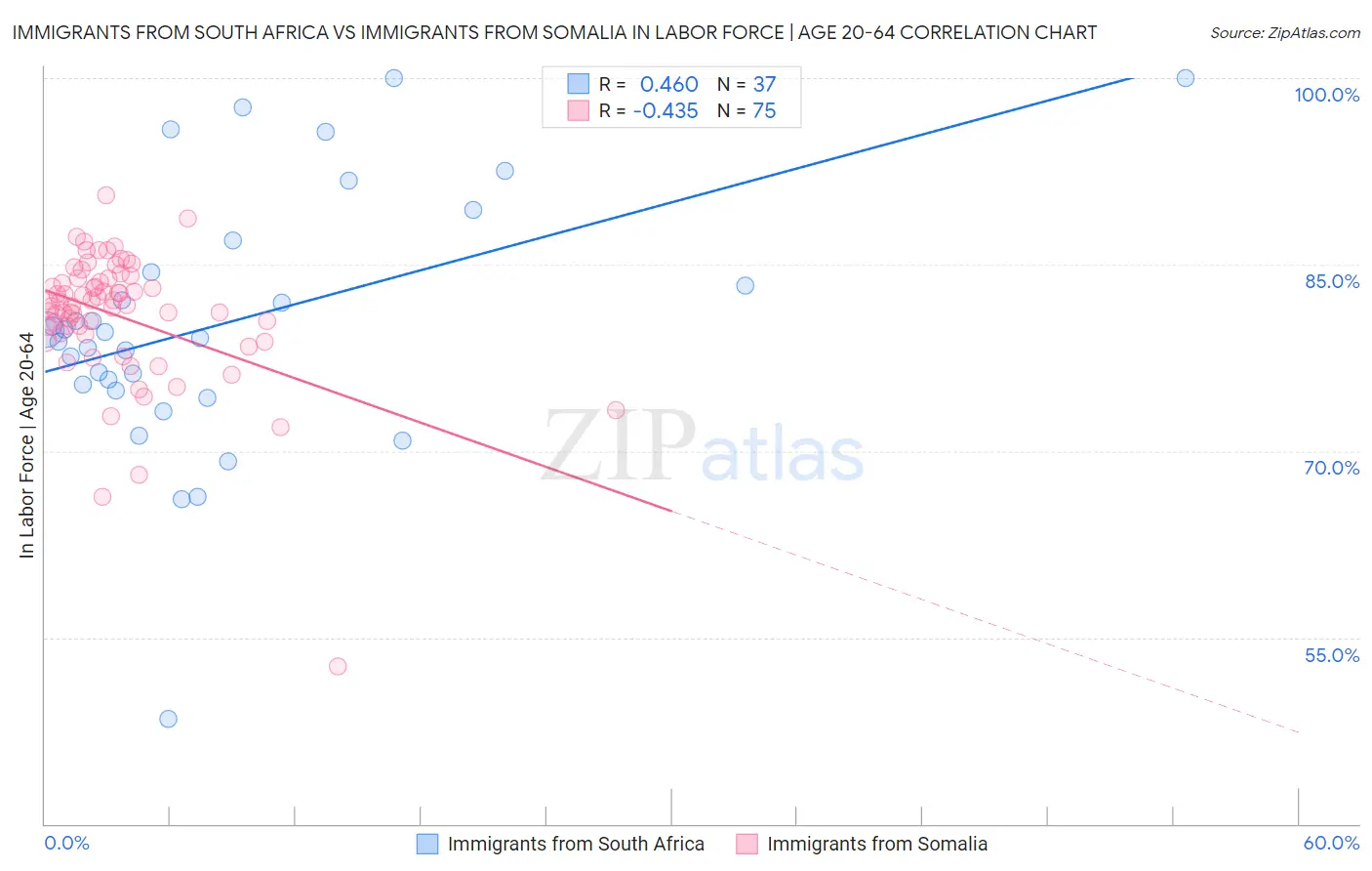 Immigrants from South Africa vs Immigrants from Somalia In Labor Force | Age 20-64