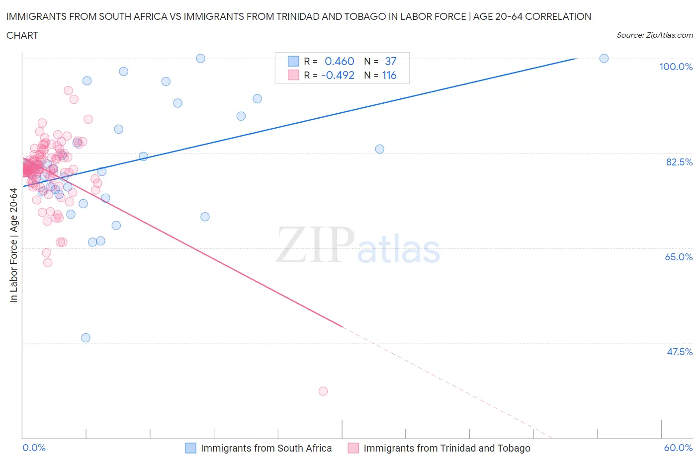 Immigrants from South Africa vs Immigrants from Trinidad and Tobago In Labor Force | Age 20-64