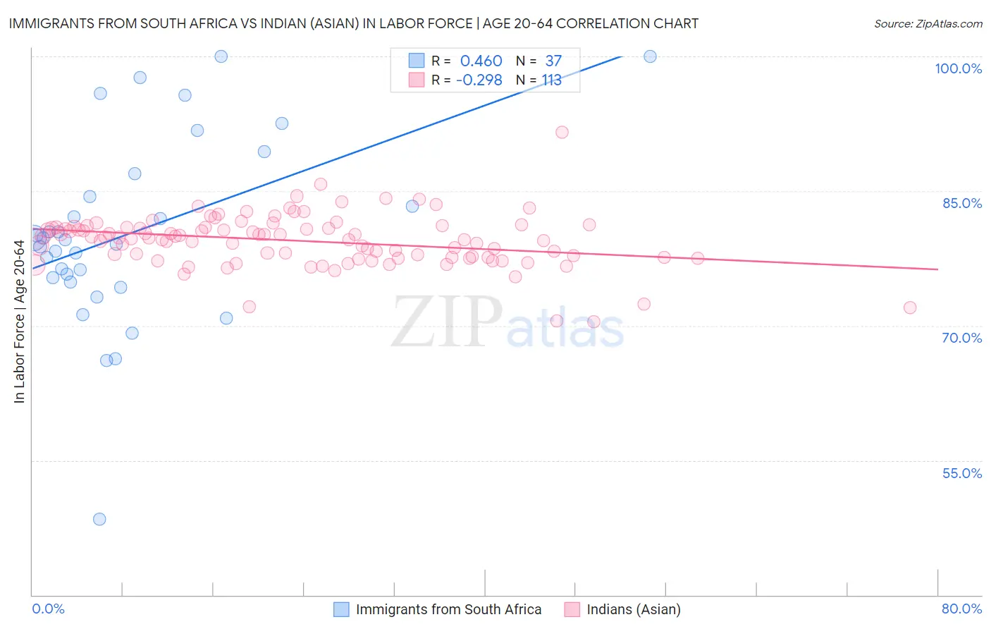Immigrants from South Africa vs Indian (Asian) In Labor Force | Age 20-64