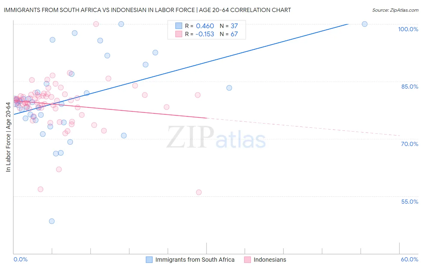 Immigrants from South Africa vs Indonesian In Labor Force | Age 20-64