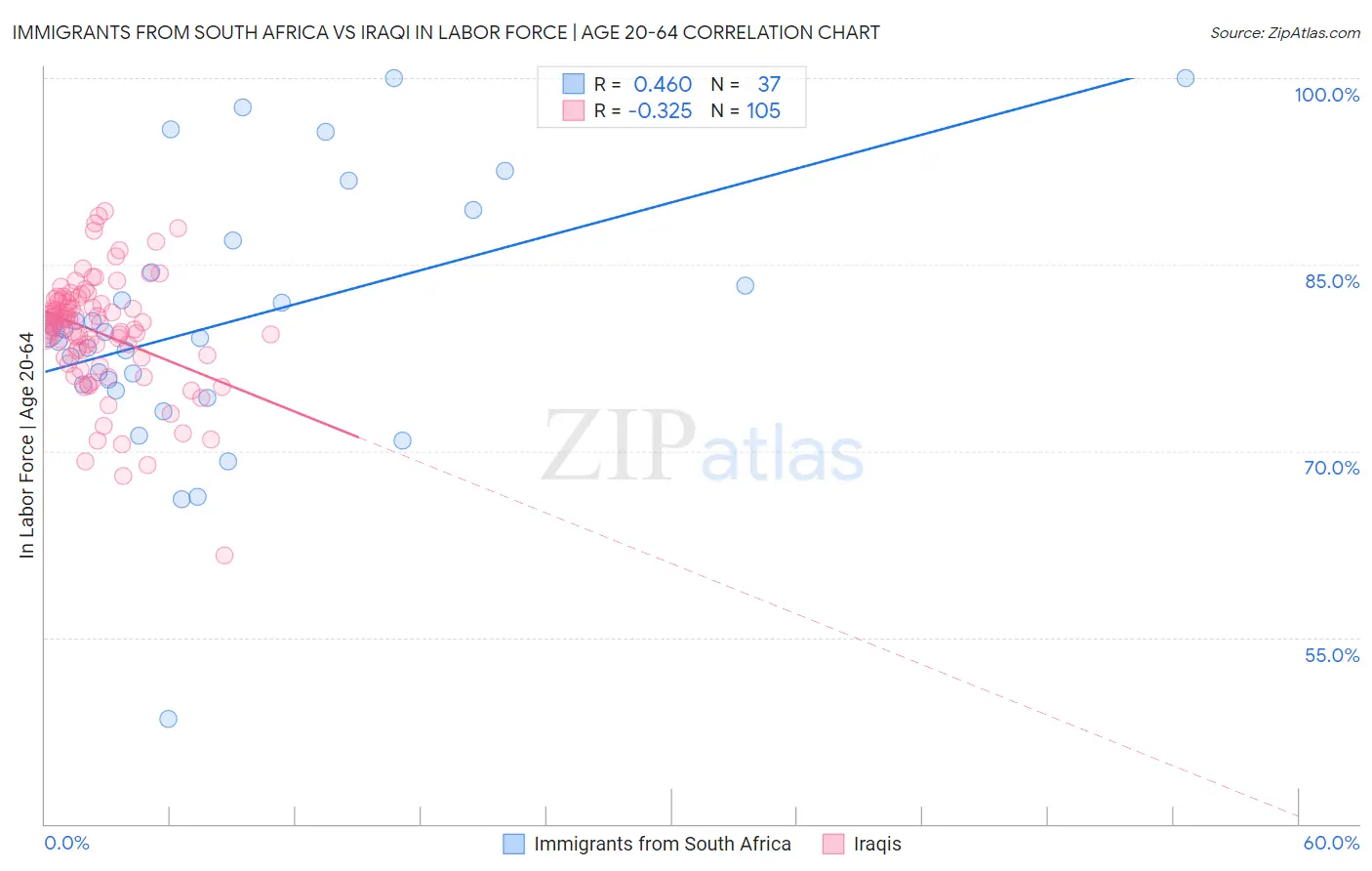 Immigrants from South Africa vs Iraqi In Labor Force | Age 20-64