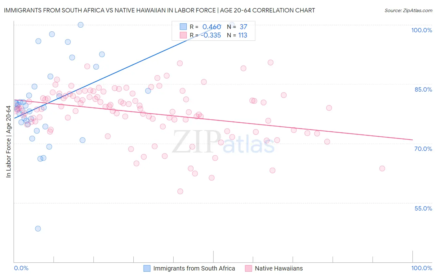 Immigrants from South Africa vs Native Hawaiian In Labor Force | Age 20-64