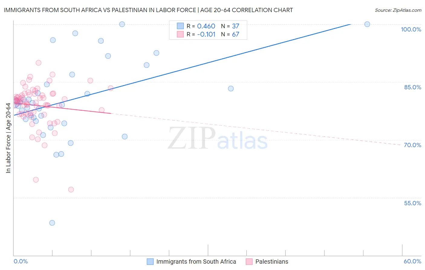 Immigrants from South Africa vs Palestinian In Labor Force | Age 20-64