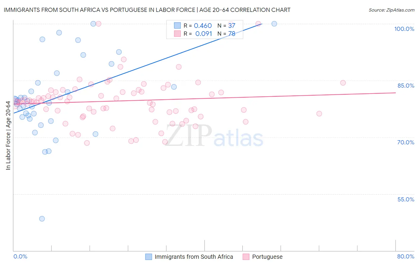 Immigrants from South Africa vs Portuguese In Labor Force | Age 20-64