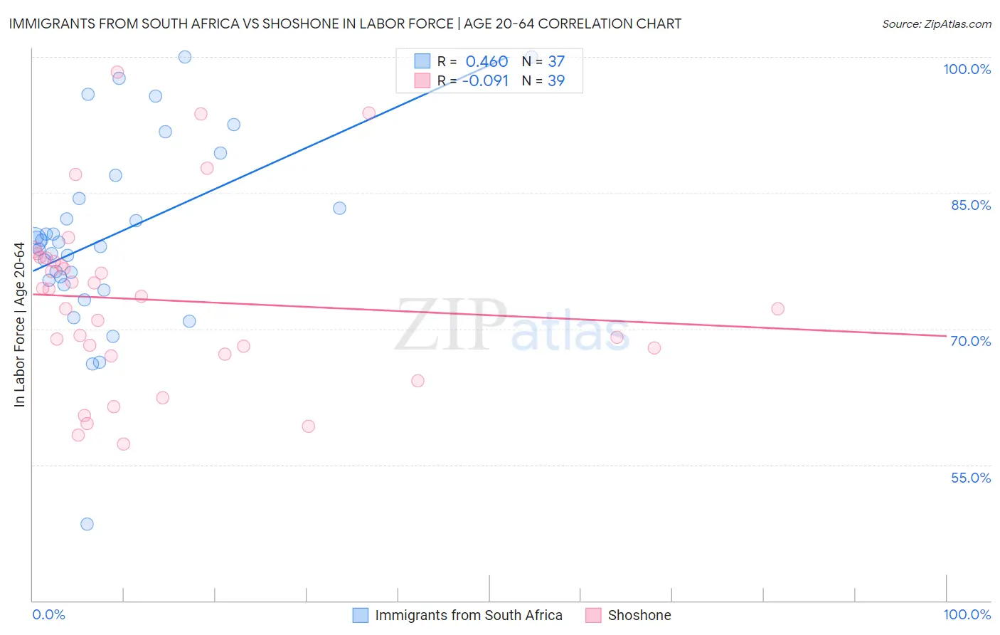 Immigrants from South Africa vs Shoshone In Labor Force | Age 20-64