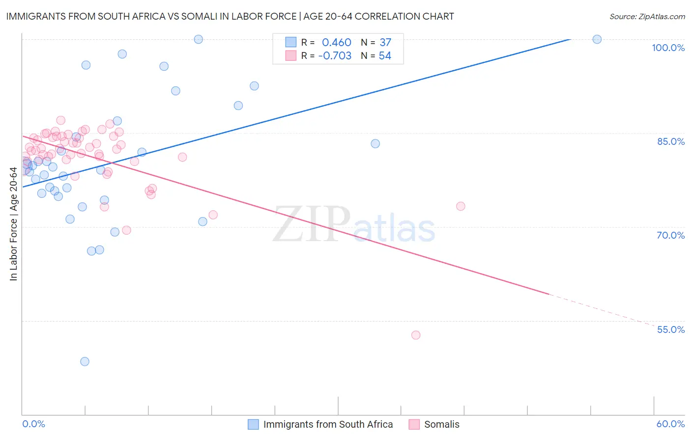 Immigrants from South Africa vs Somali In Labor Force | Age 20-64