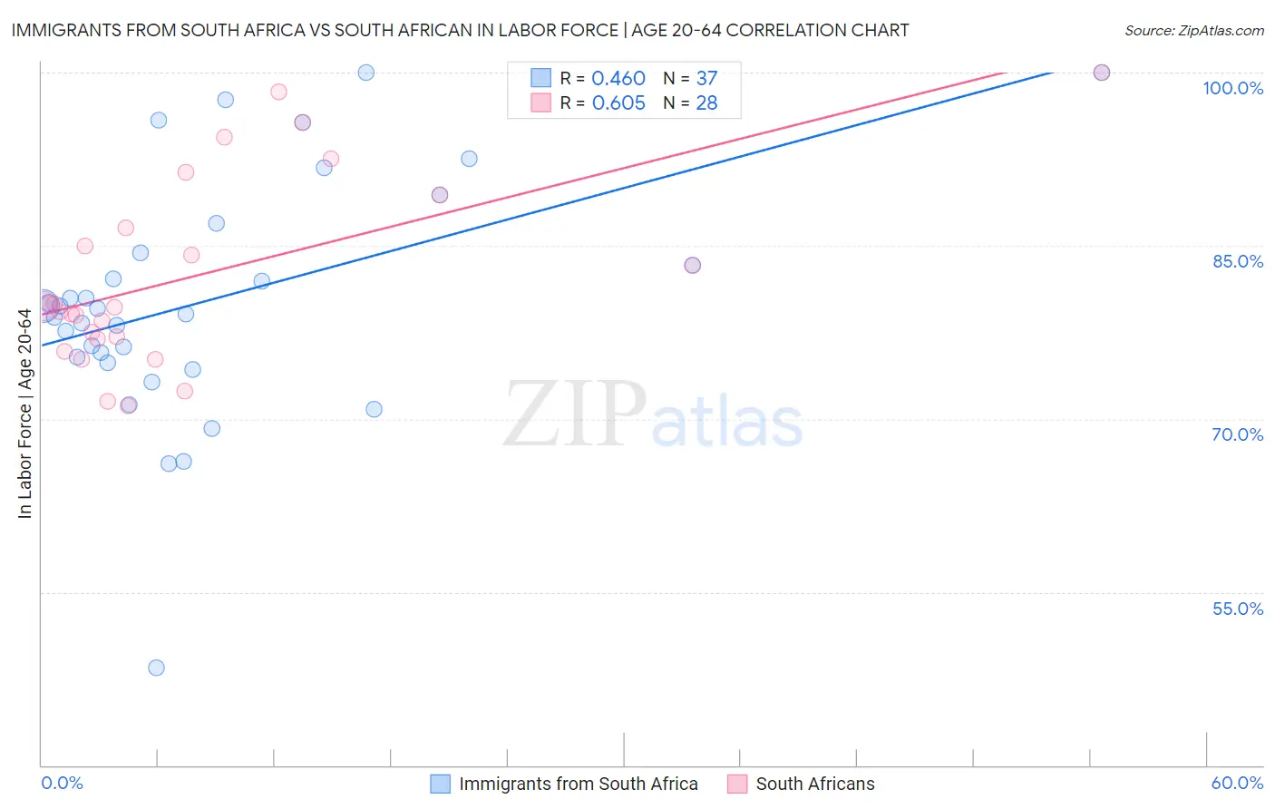 Immigrants from South Africa vs South African In Labor Force | Age 20-64