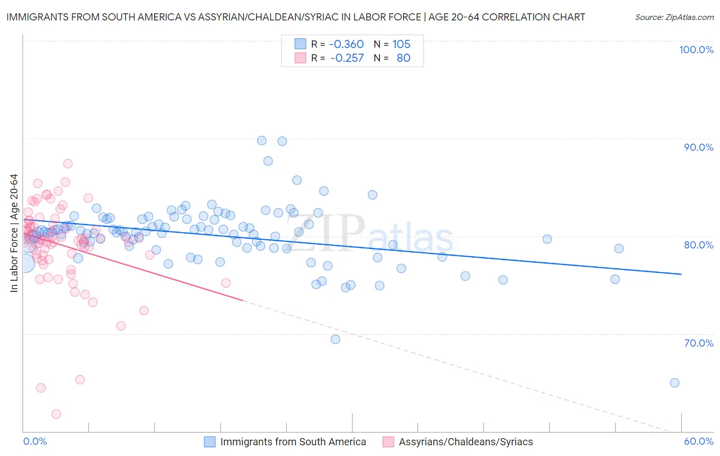 Immigrants from South America vs Assyrian/Chaldean/Syriac In Labor Force | Age 20-64