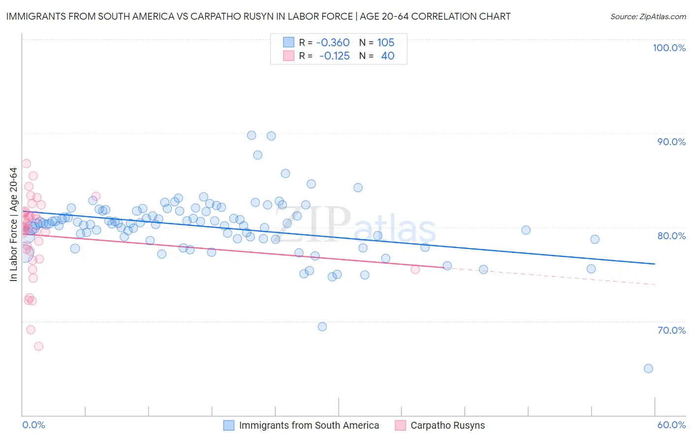 Immigrants from South America vs Carpatho Rusyn In Labor Force | Age 20-64