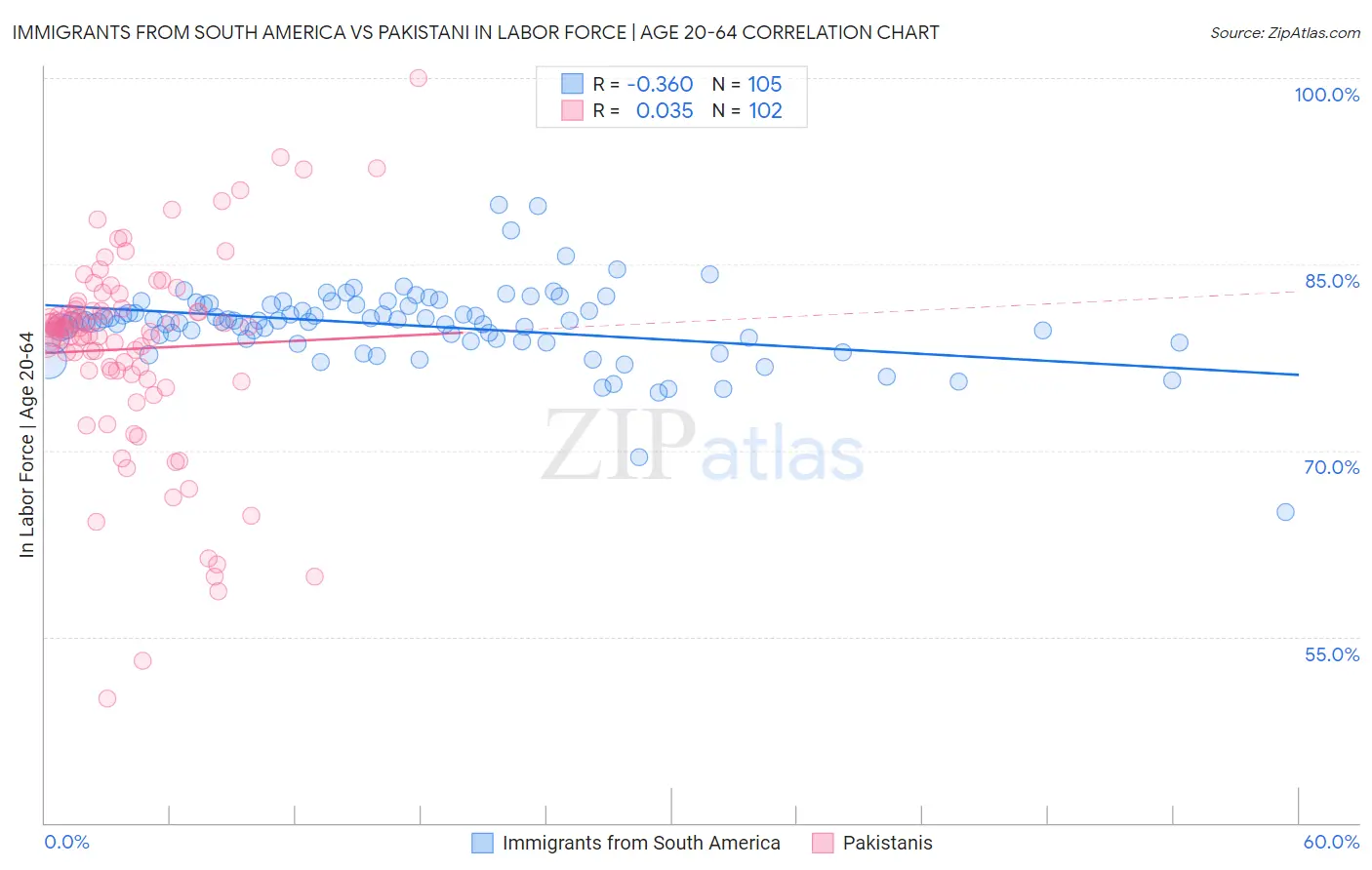 Immigrants from South America vs Pakistani In Labor Force | Age 20-64