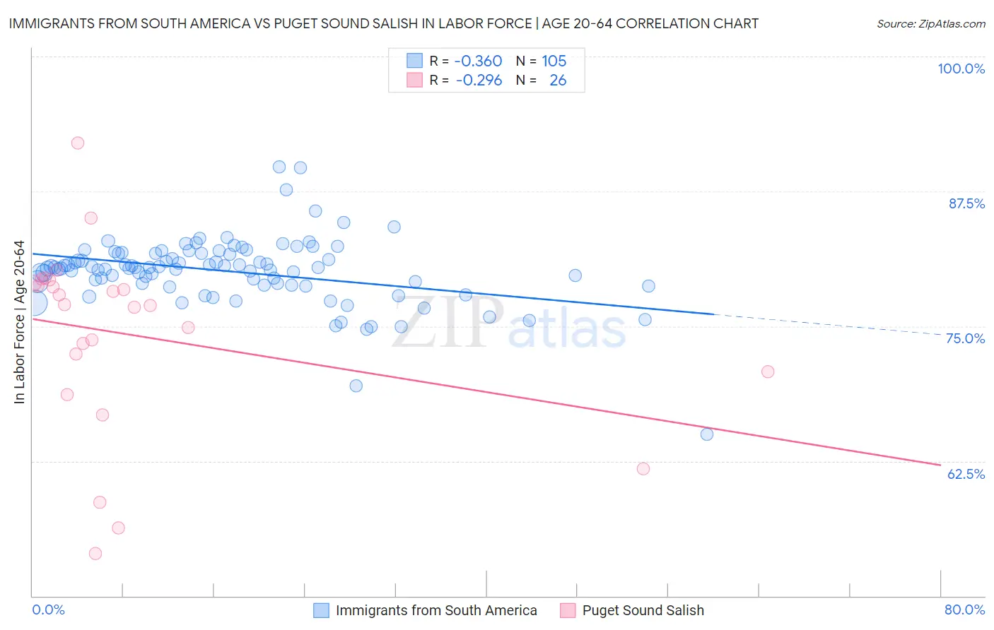 Immigrants from South America vs Puget Sound Salish In Labor Force | Age 20-64