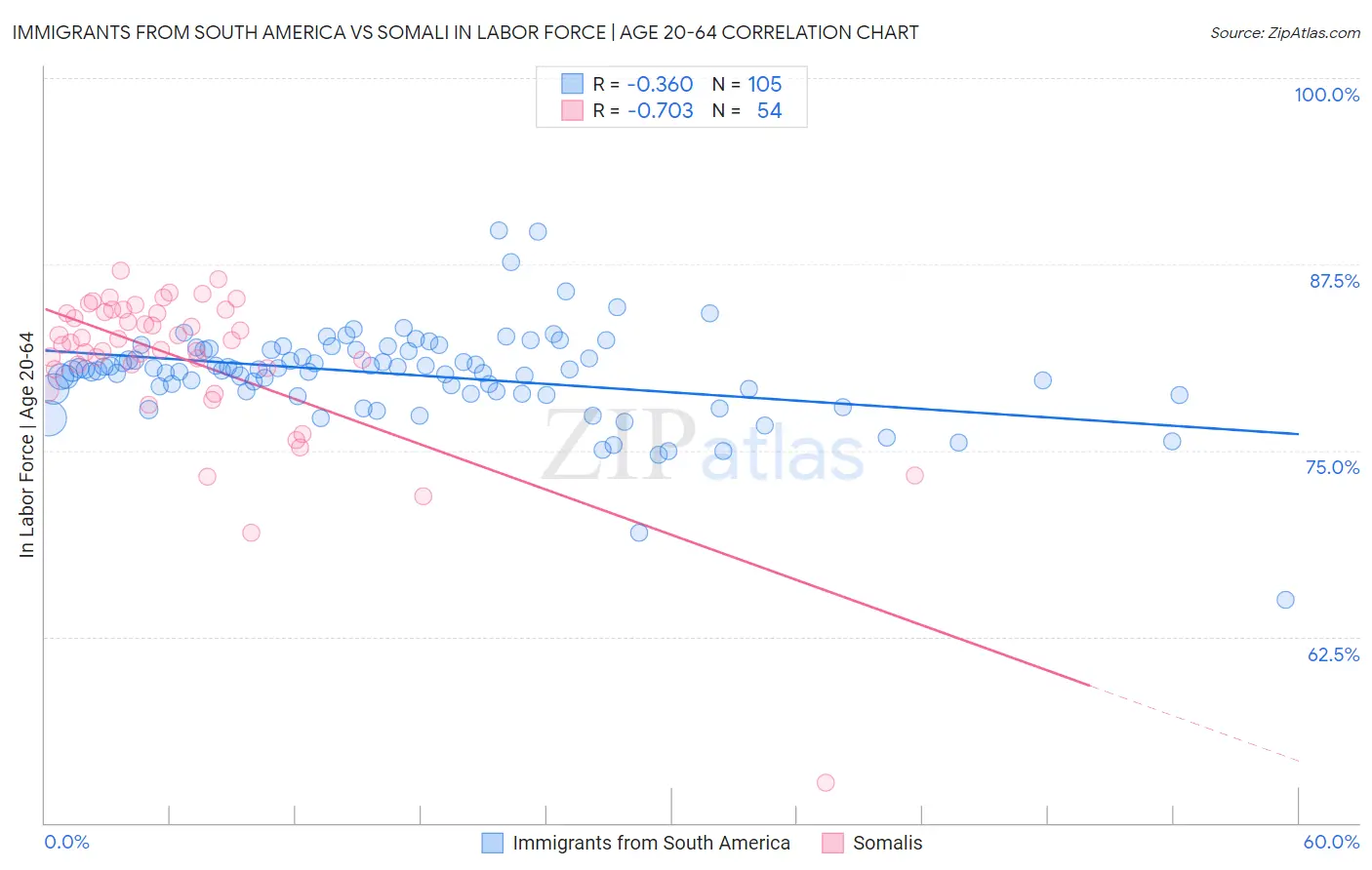 Immigrants from South America vs Somali In Labor Force | Age 20-64