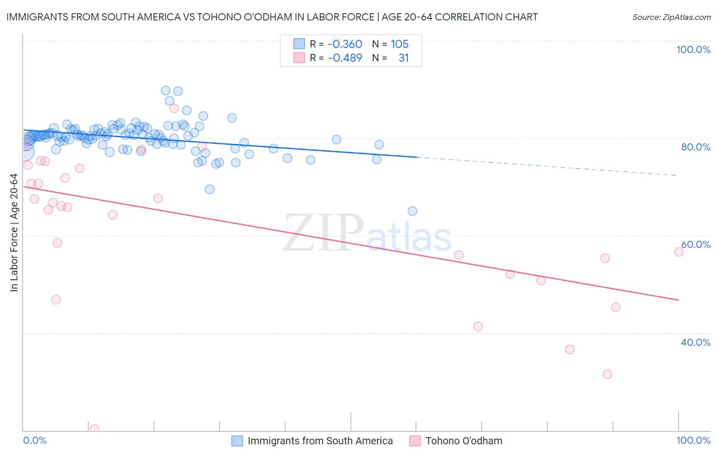 Immigrants from South America vs Tohono O'odham In Labor Force | Age 20-64