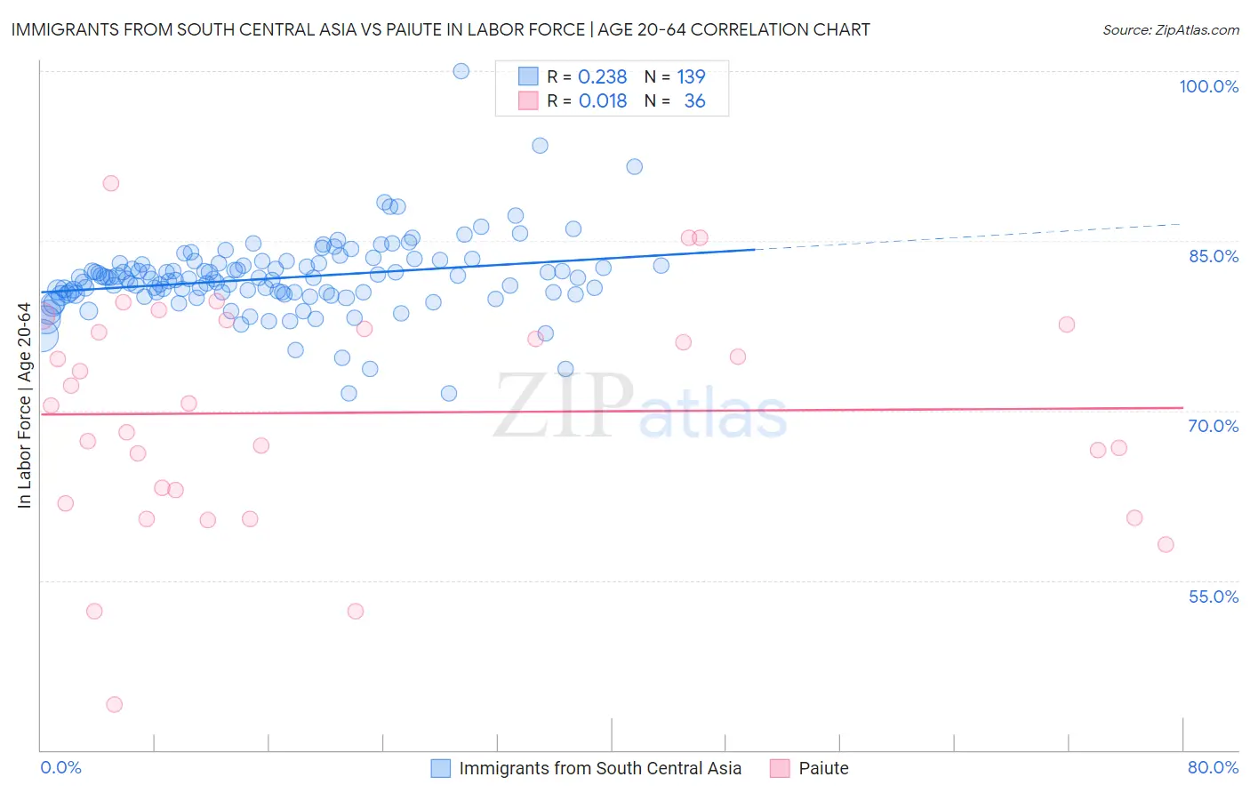Immigrants from South Central Asia vs Paiute In Labor Force | Age 20-64