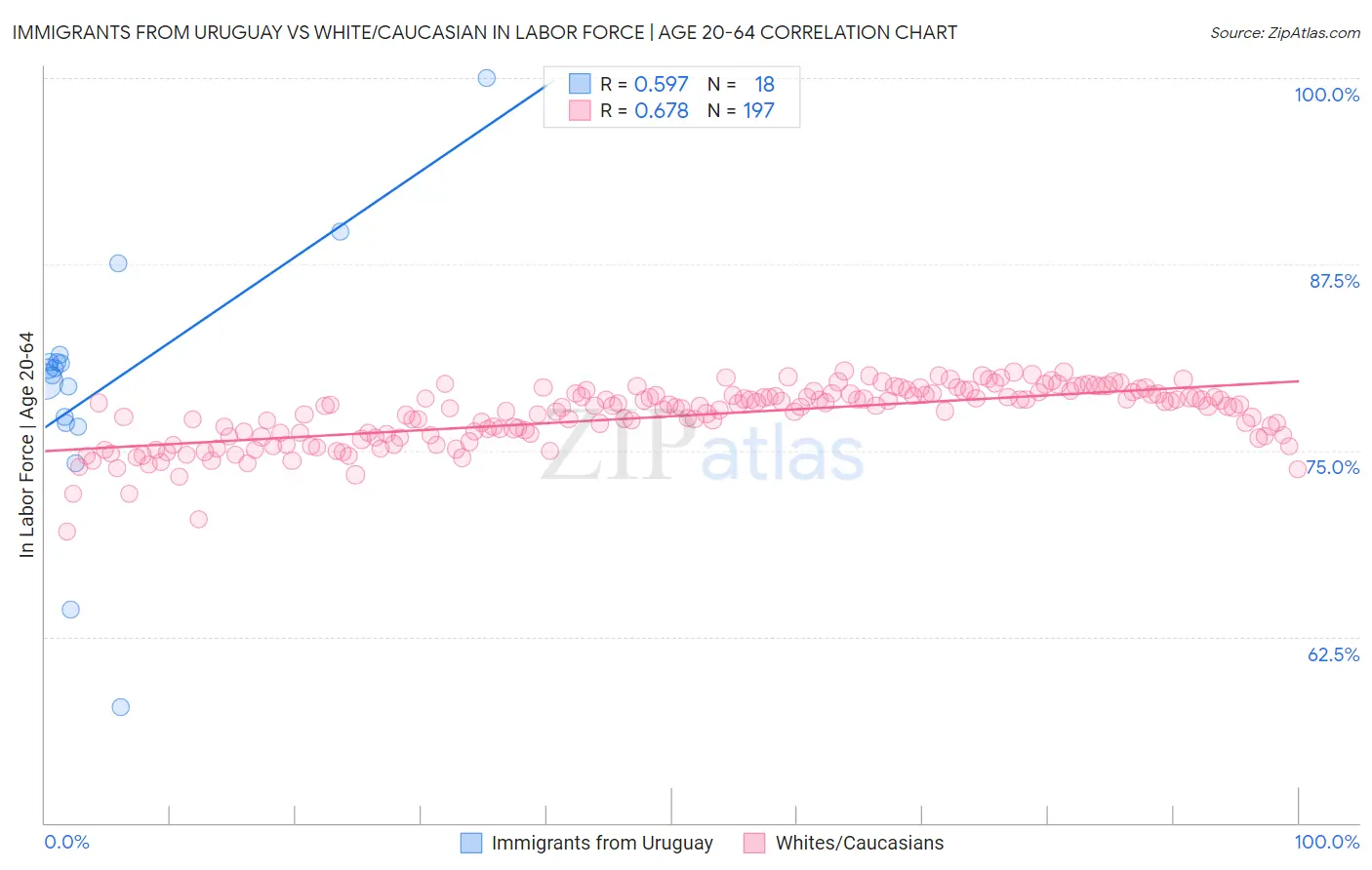 Immigrants from Uruguay vs White/Caucasian In Labor Force | Age 20-64