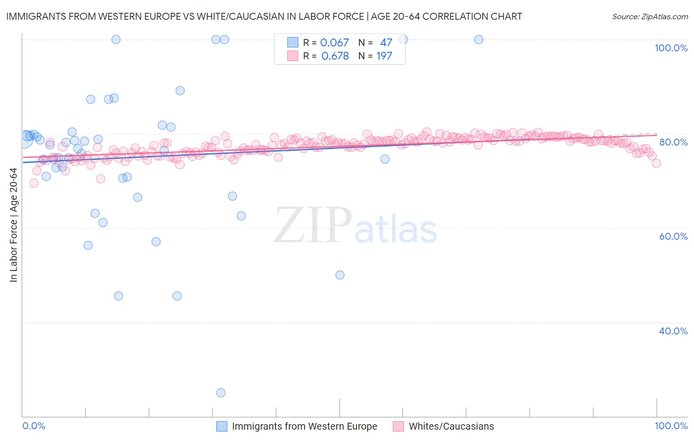 Immigrants from Western Europe vs White/Caucasian In Labor Force | Age 20-64