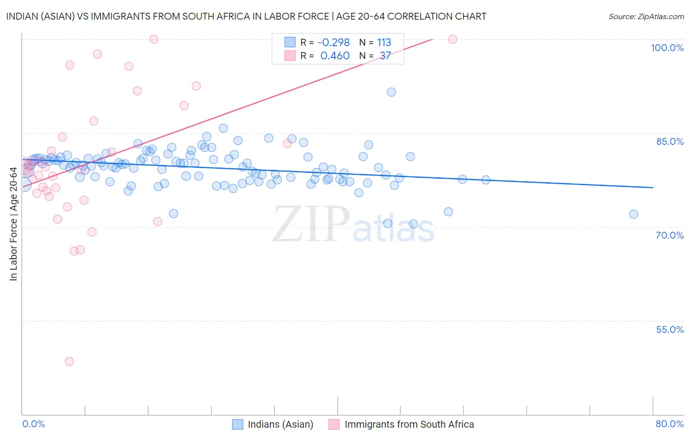 Indian (Asian) vs Immigrants from South Africa In Labor Force | Age 20-64