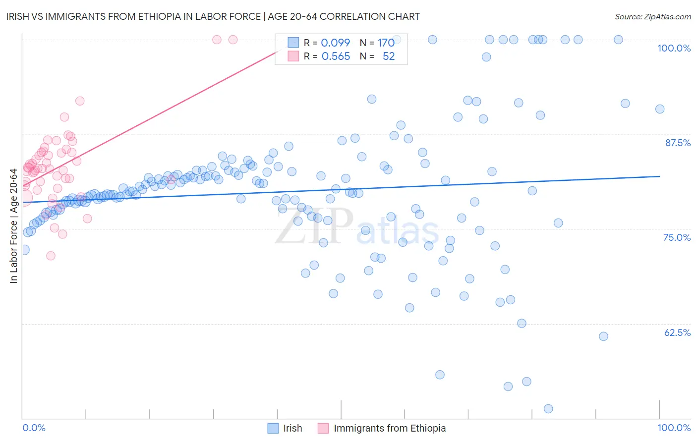 Irish vs Immigrants from Ethiopia In Labor Force | Age 20-64