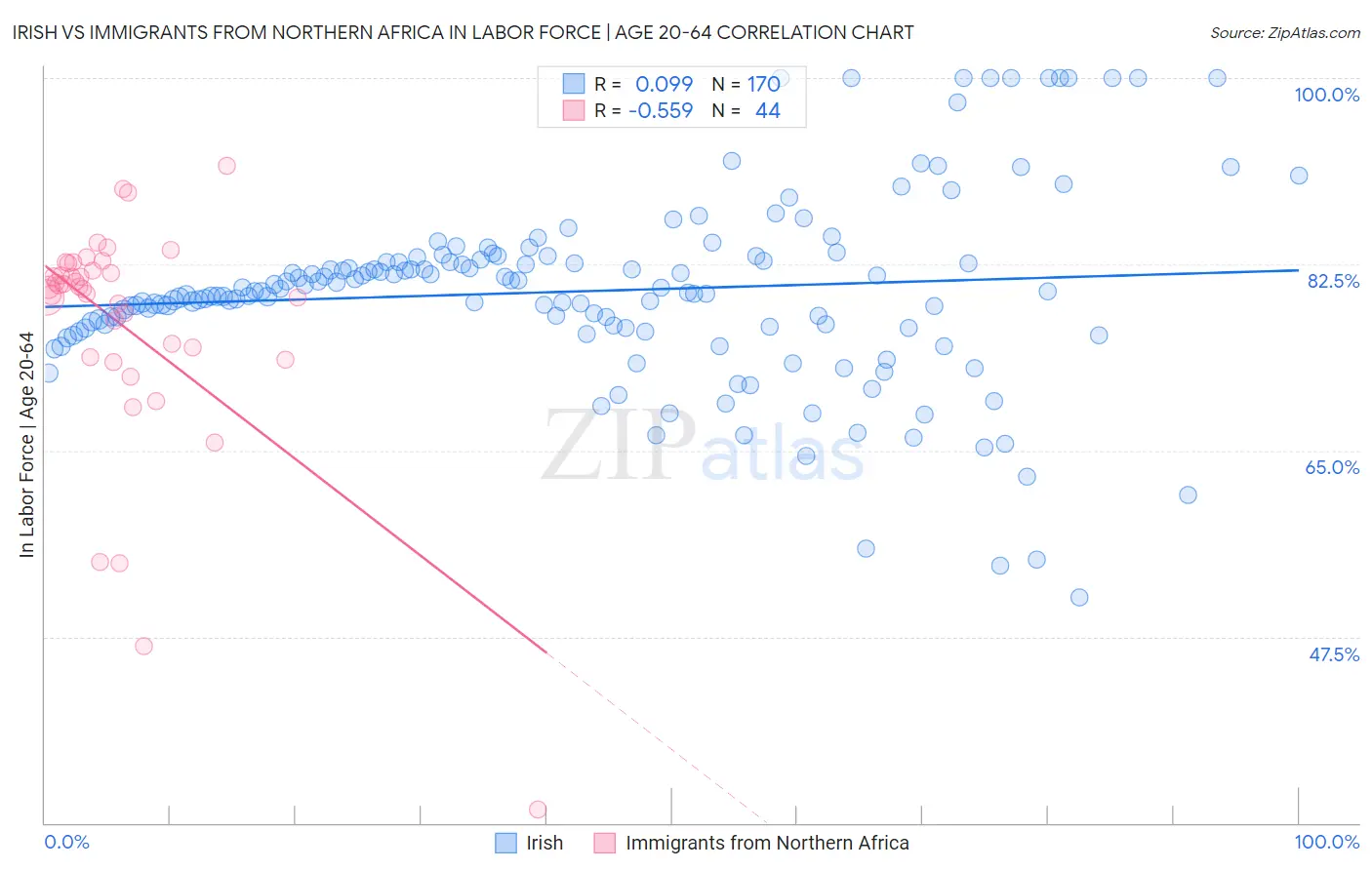 Irish vs Immigrants from Northern Africa In Labor Force | Age 20-64