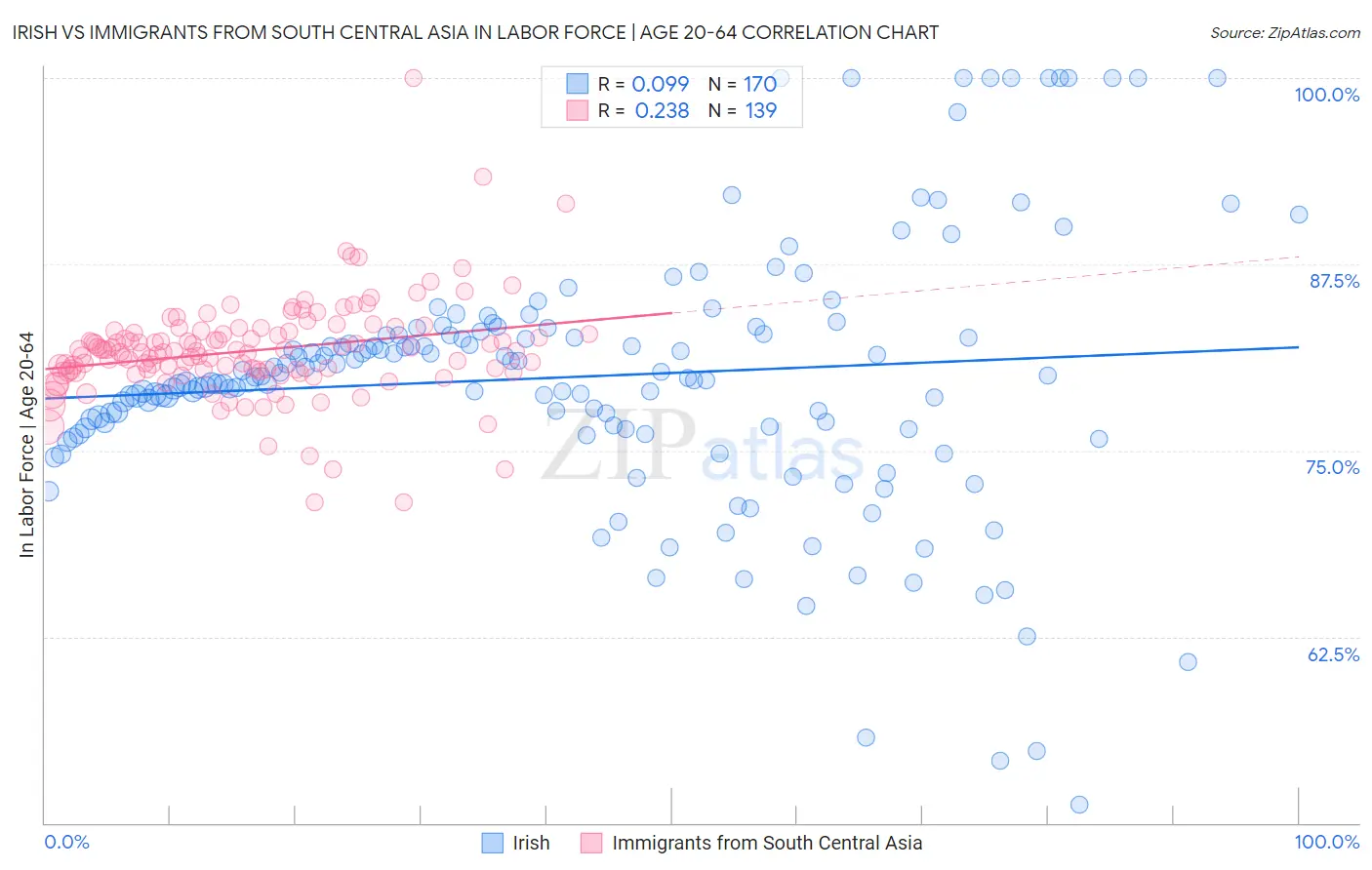 Irish vs Immigrants from South Central Asia In Labor Force | Age 20-64