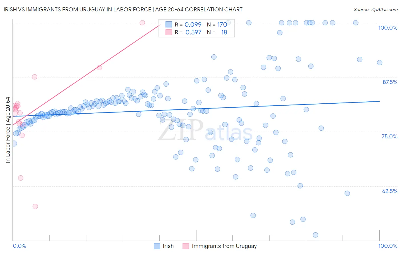 Irish vs Immigrants from Uruguay In Labor Force | Age 20-64