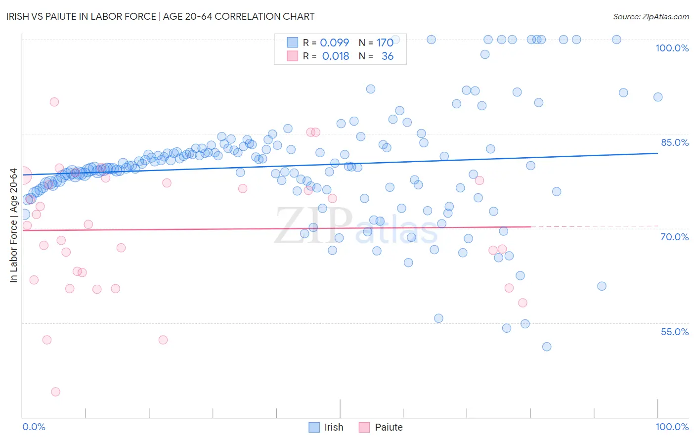 Irish vs Paiute In Labor Force | Age 20-64