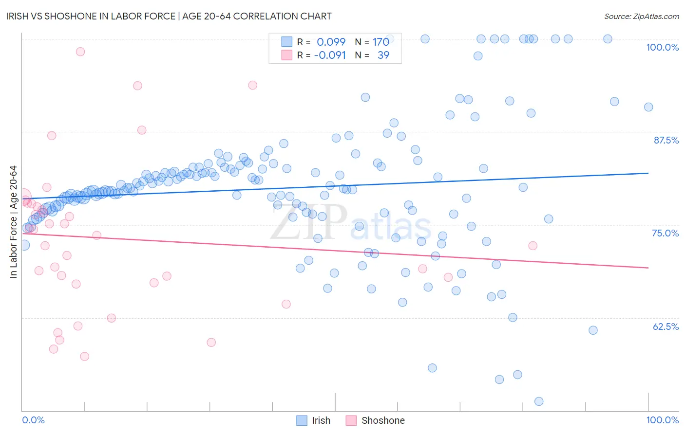 Irish vs Shoshone In Labor Force | Age 20-64