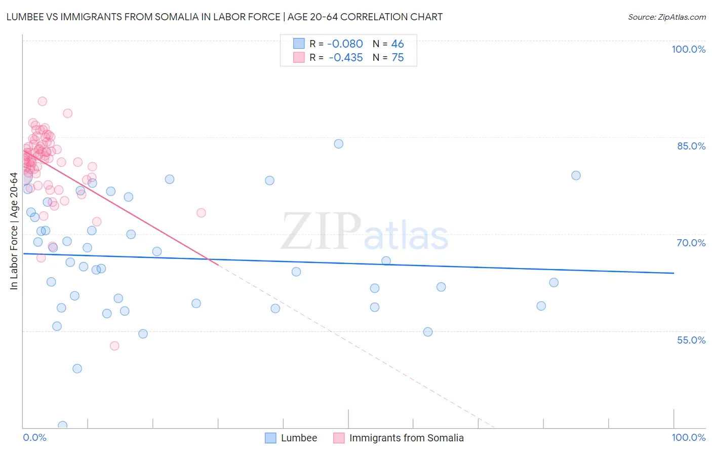 Lumbee vs Immigrants from Somalia In Labor Force | Age 20-64