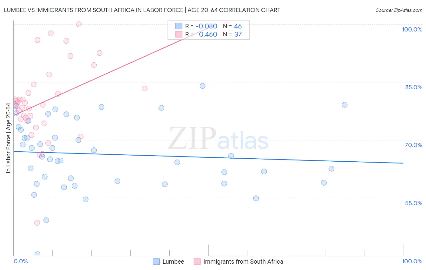 Lumbee vs Immigrants from South Africa In Labor Force | Age 20-64