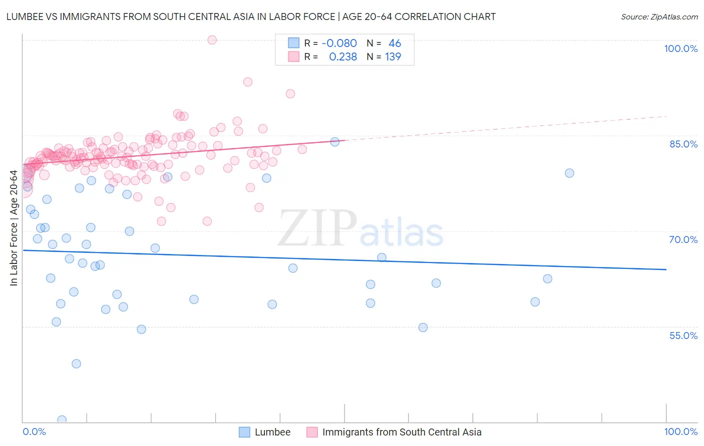 Lumbee vs Immigrants from South Central Asia In Labor Force | Age 20-64