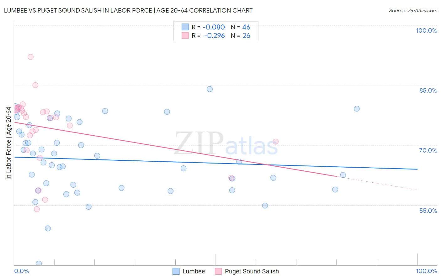 Lumbee vs Puget Sound Salish In Labor Force | Age 20-64