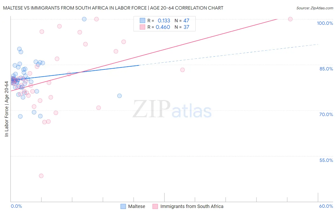 Maltese vs Immigrants from South Africa In Labor Force | Age 20-64