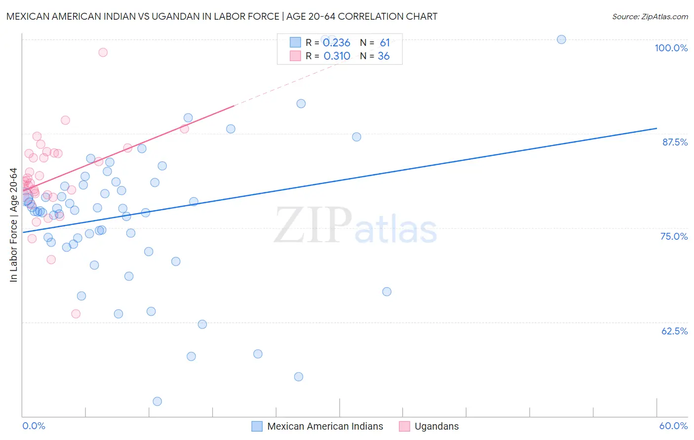 Mexican American Indian vs Ugandan In Labor Force | Age 20-64