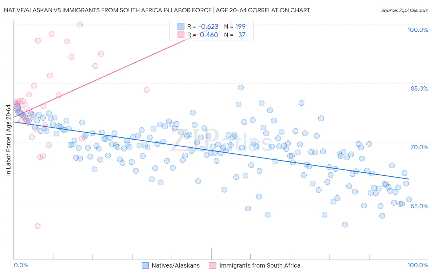 Native/Alaskan vs Immigrants from South Africa In Labor Force | Age 20-64