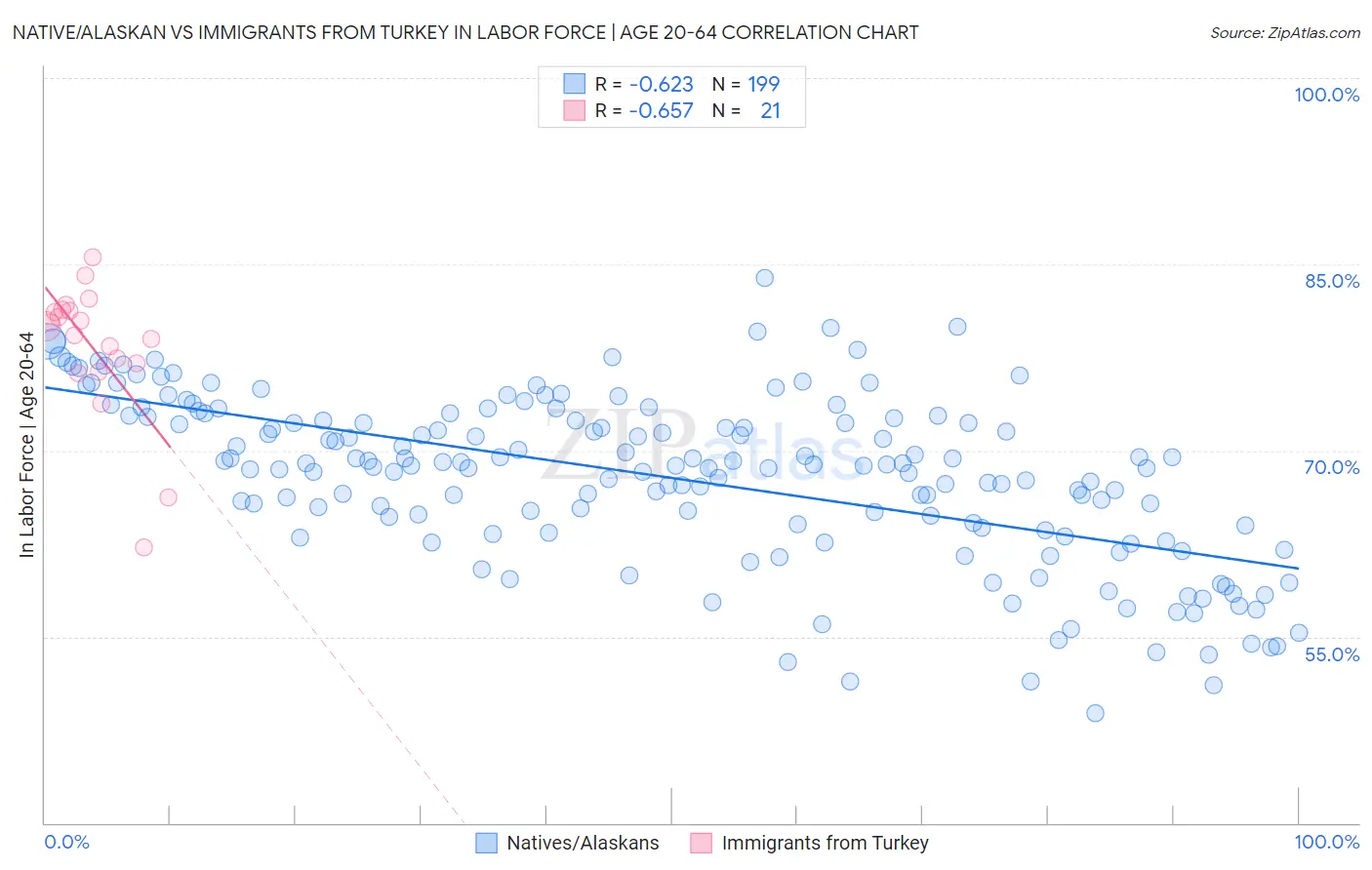 Native/Alaskan vs Immigrants from Turkey In Labor Force | Age 20-64