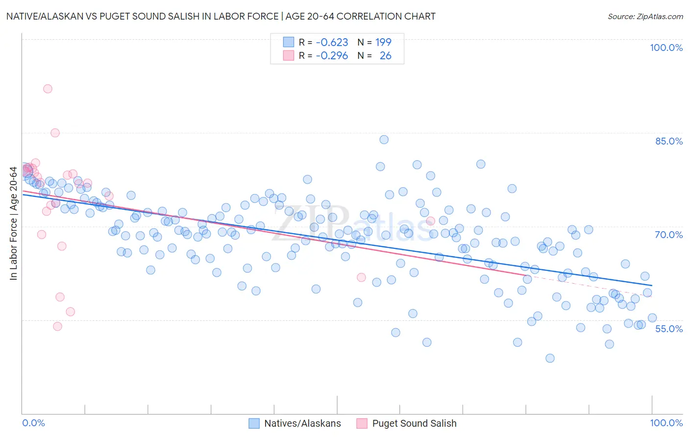 Native/Alaskan vs Puget Sound Salish In Labor Force | Age 20-64