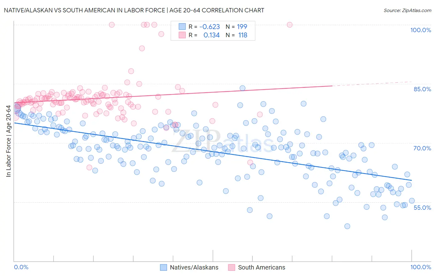 Native/Alaskan vs South American In Labor Force | Age 20-64