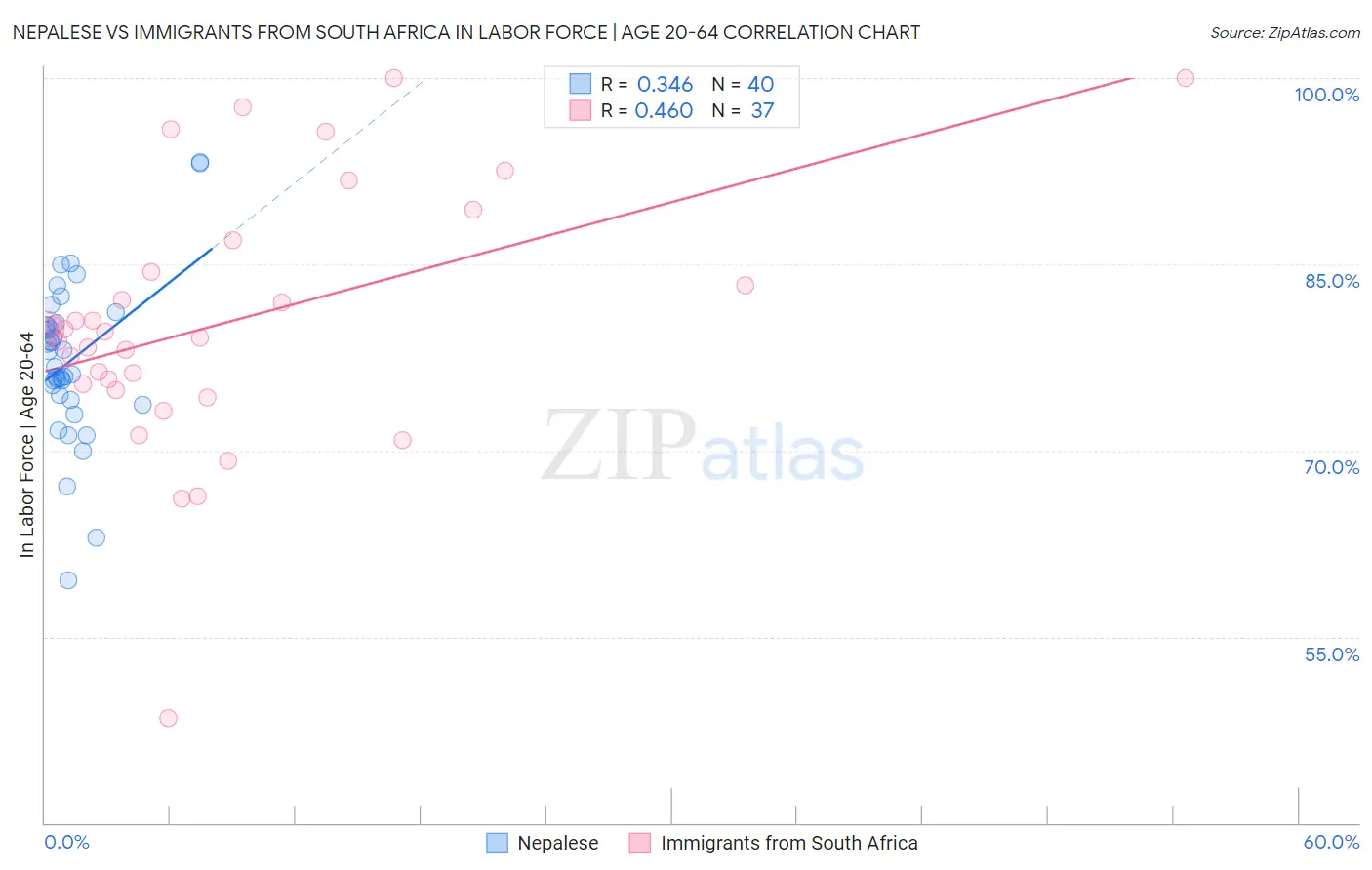 Nepalese vs Immigrants from South Africa In Labor Force | Age 20-64