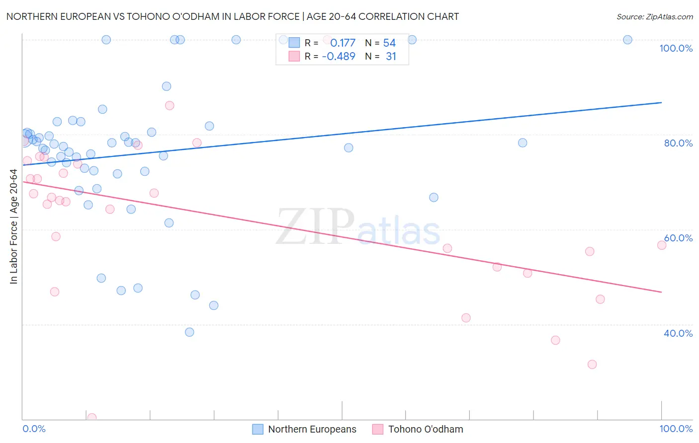Northern European vs Tohono O'odham In Labor Force | Age 20-64