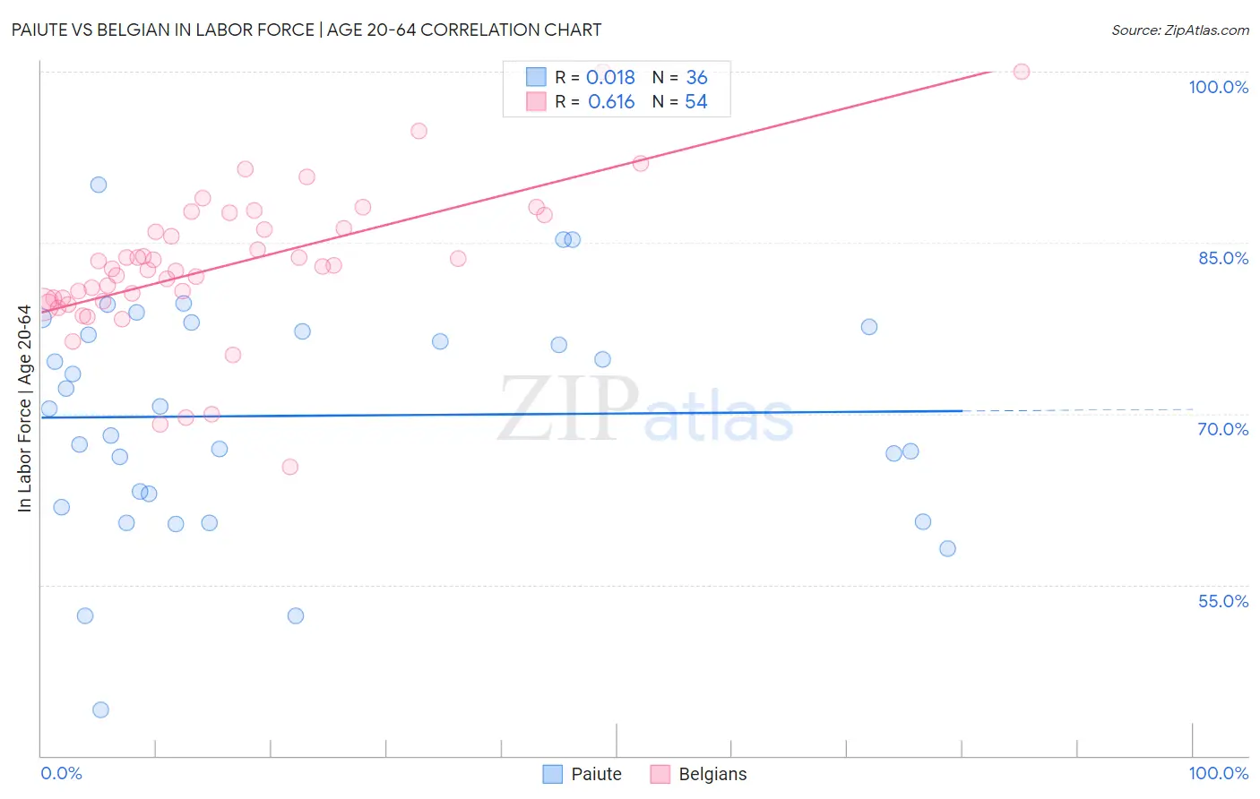 Paiute vs Belgian In Labor Force | Age 20-64