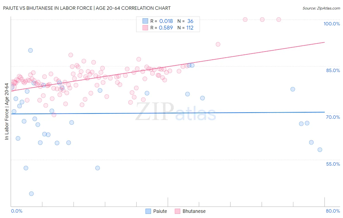 Paiute vs Bhutanese In Labor Force | Age 20-64